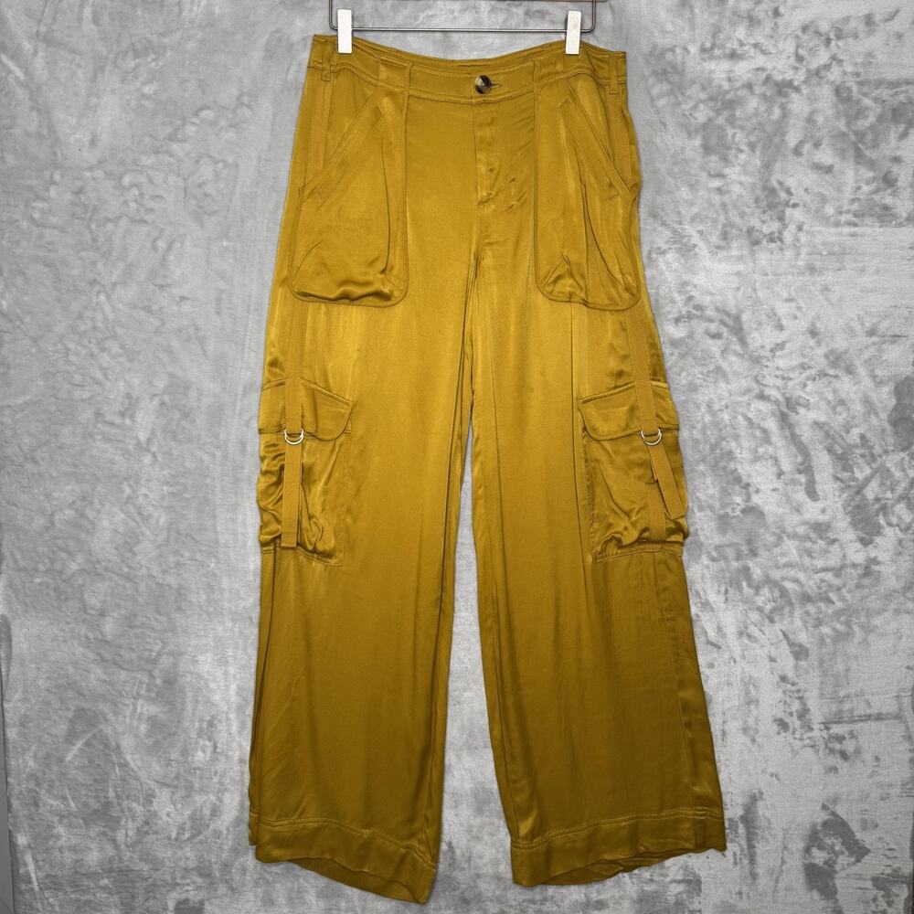 Anthropologie Pants Womens 4 Yellow Wide Leg Cargo Satin Utility Pockets Viscose